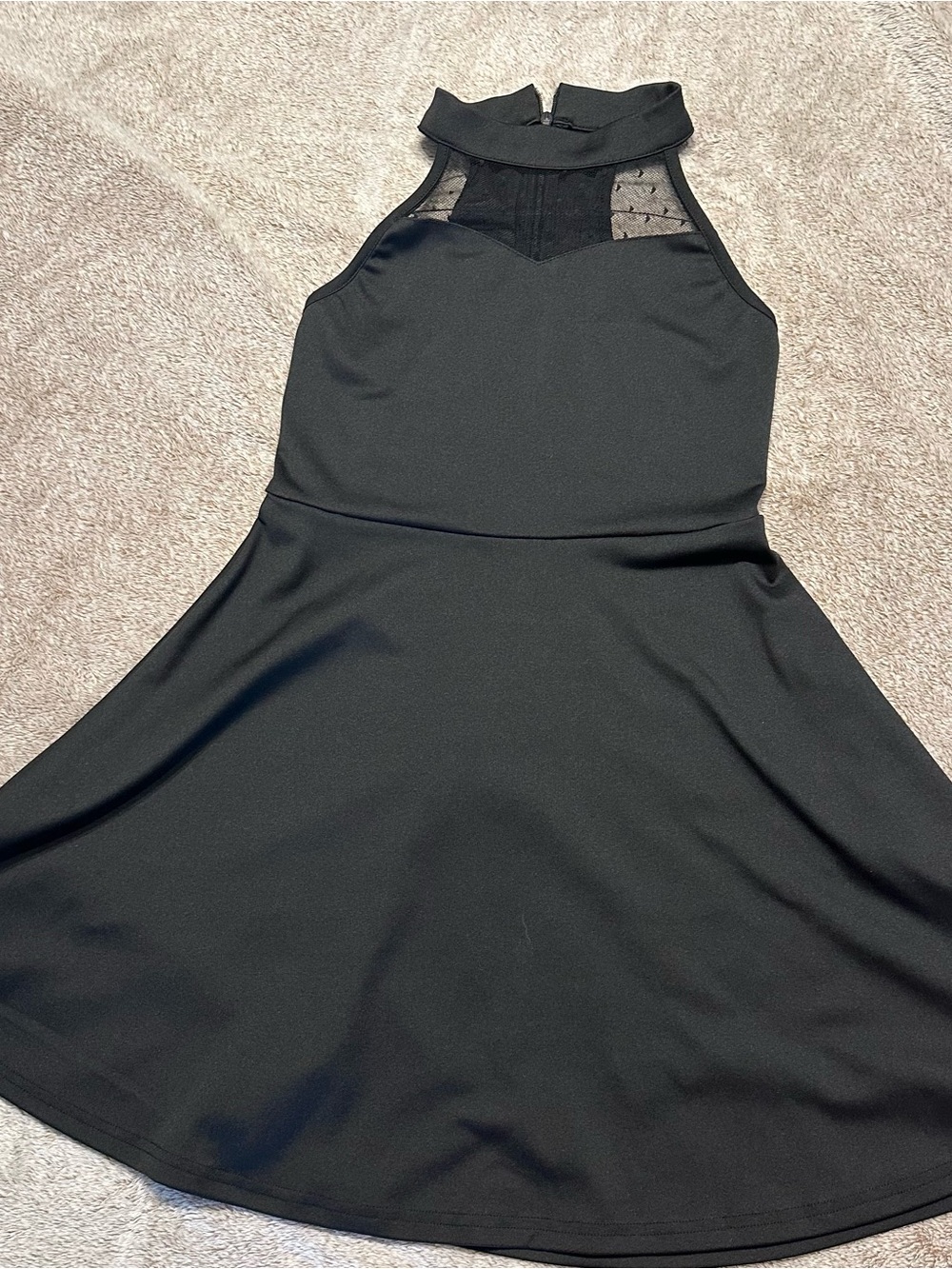 Girls' Black Halter Fit-and-Flare Party Dress with Mesh Yoke